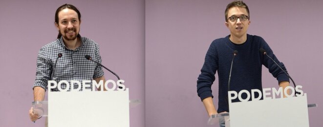 Pablo Iglesias et Íñigo Errejón lors de conférences de presse séparées le 22 décembre 2016 à Madrid. © Flickr Podemos.