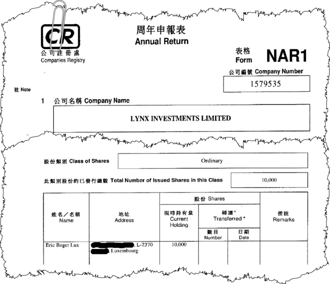 La société de Hong Kong Lynx Investments, suspectée d'avoir touché 2 millions d'euros de l'écurie Lotus via le club de foot luxembourgeois du CS Fola, appartient à 100% à l'associé de Gérard Lopez, Eric Lux. © Mediapart La société de Hong Kong Lynx Investments, suspectée d'avoir touché 2 millions d'euros de l'écurie Lotus via le club de foot luxembourgeois du CS Fola, appartient à 100% à l'associé de Gérard Lopez, Eric Lux. © Mediapart