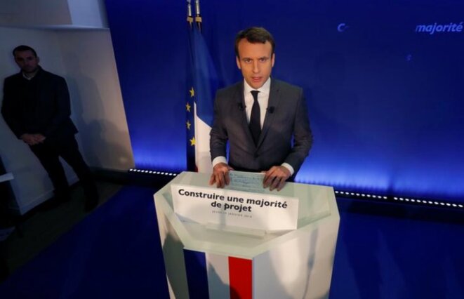 19 janvier. Emmanuel Macron présente la stratégie d'En Marche pour les législatives depuis son Q.G. de campagne. © Reuters 19 janvier. Emmanuel Macron présente la stratégie d'En Marche pour les législatives depuis son Q.G. de campagne. © Reuters