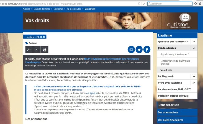 Page Droits site gouvernemental autisme