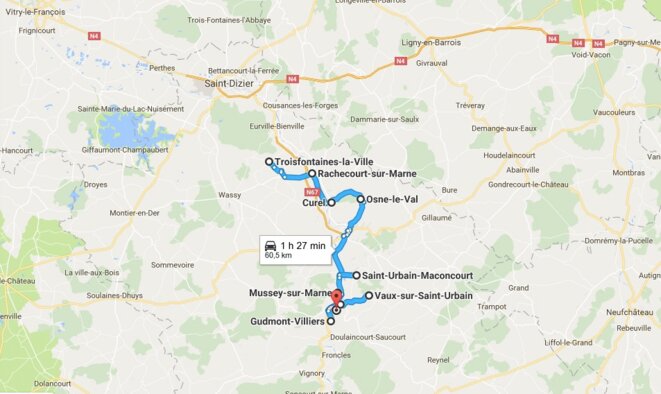 Plan d'action de la chasse aux parrainages en Haute-Marne © Google Maps