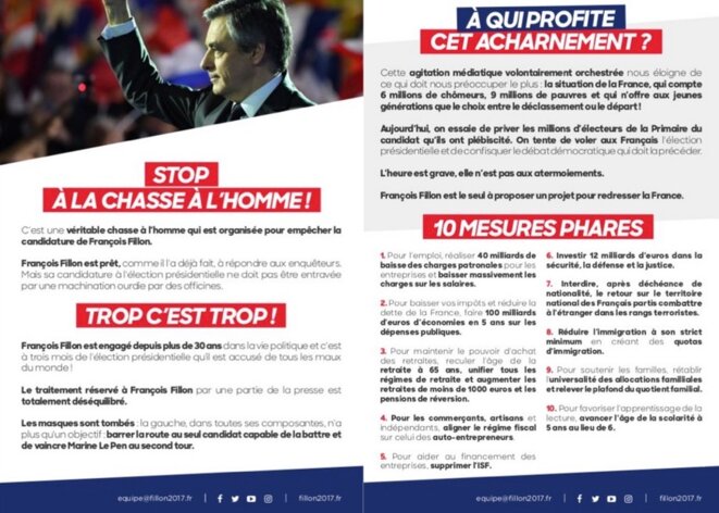 Tract “Stop à la chasse à l’homme !” imaginé par les équipes de François Fillon. © fillon2017.fr Tract “Stop à la chasse à l’homme !” imaginé par les équipes de François Fillon. © fillon2017.fr