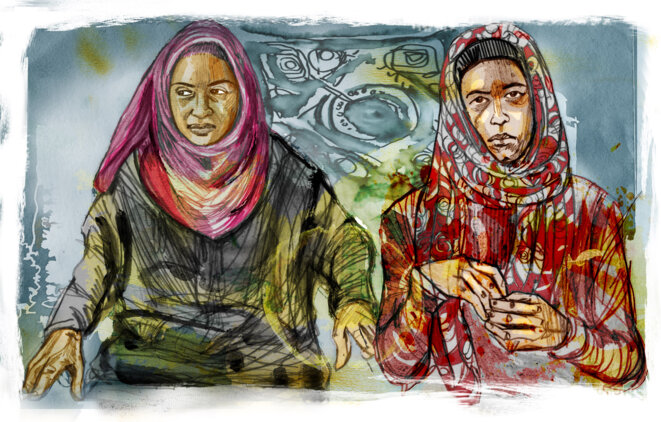 Fatima et sa fille Nora, rencontrées en septembre 2016 en Jordanie, où elles sont réfugiées. © Illustration Damien Roudeau