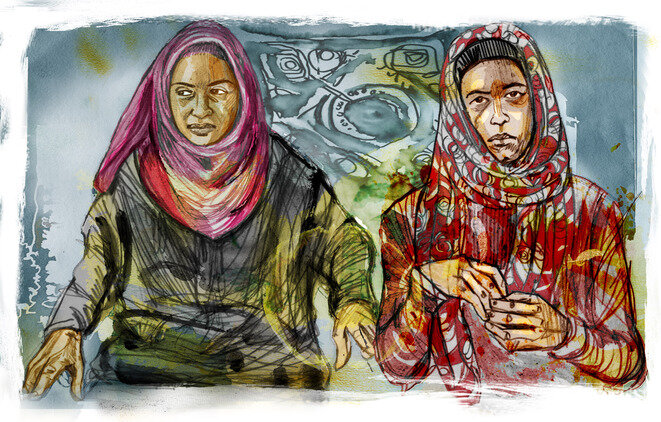 Fátima y su hija Nora, entrevistadas en septiembre de 2016 en Jordania, donde han encontrado refugio. © Ilustración © Damien Roudeau Fátima y su hija Nora, entrevistadas en septiembre de 2016 en Jordania, donde han encontrado refugio. © Ilustración © Damien Roudeau