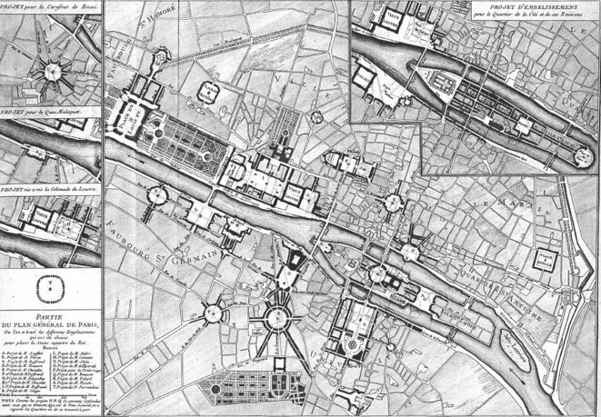 Pierre Patte, Plan général de Paris, avec divers emplacements proposés pour la statue du roi, 1765. Dans un des projets, l'île de la Cité a été réunie à l'île Saint-Louis. Pierre Patte, Plan général de Paris, avec divers emplacements proposés pour la statue du roi, 1765. Dans un des projets, l'île de la Cité a été réunie à l'île Saint-Louis.