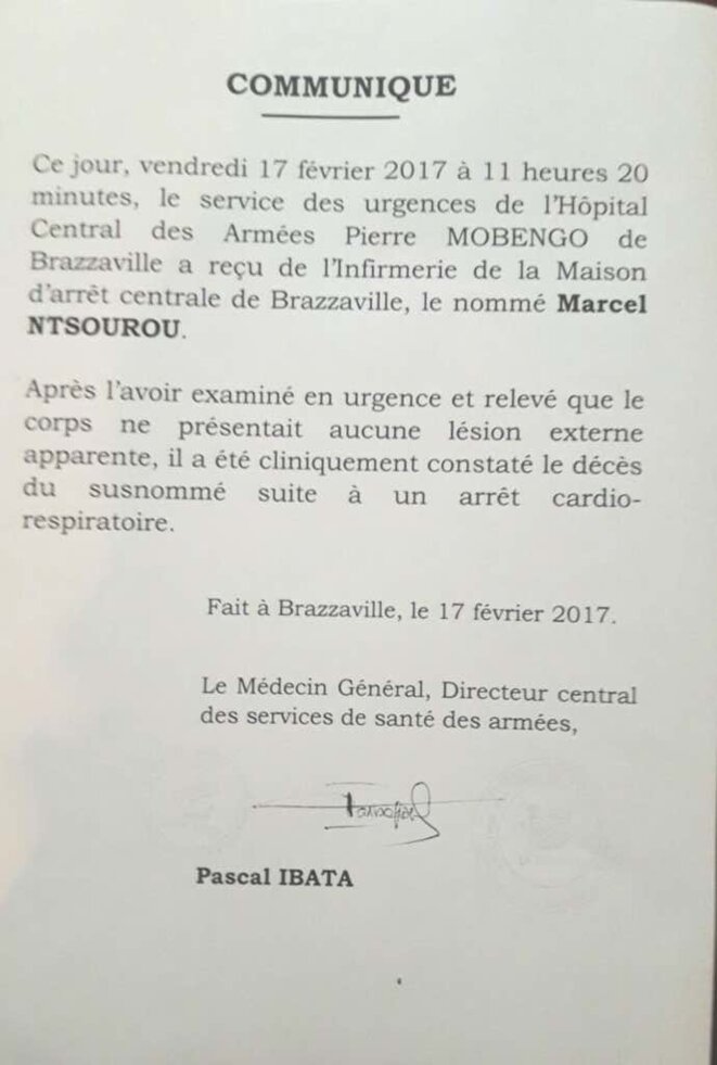 Communiqué décès de Marcel Ntsourou Communiqué décès de Marcel Ntsourou