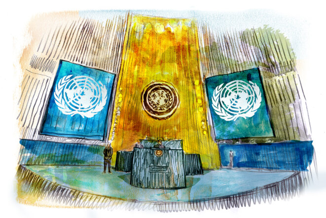 La salle de l'assemblée générale des Nations unies, à New York. © Illustration Damien Roudeau. La salle de l'assemblée générale des Nations unies, à New York. © Illustration Damien Roudeau.