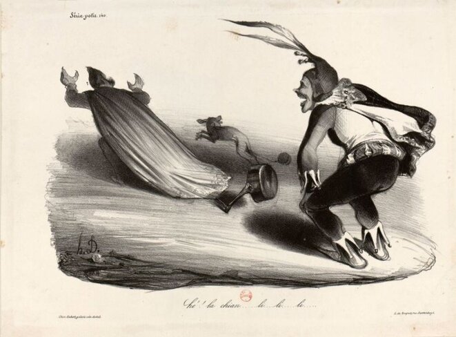 Louis-Philippe, à la traîne duquel est attachée une casserole, et son chien famélique, à la queue duquel pend le même récipient. Estampe d'Honoré Daumier.• Crédits : © Bibliothèque Nationale de France Louis-Philippe, à la traîne duquel est attachée une casserole, et son chien famélique, à la queue duquel pend le même récipient. Estampe d'Honoré Daumier.• Crédits : © Bibliothèque Nationale de France