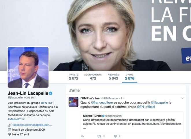 Sur le compte Twitter de Jean-Lin Lacapelle, le 20 mars. Sur le compte Twitter de Jean-Lin Lacapelle, le 20 mars.