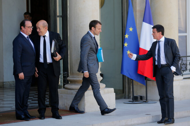 July 2015: (left to right) President François Hollande, defence minister Jean-Yves Le Drian, then-economy minister Emmanuel Macron and Prime Minister Manuel Valls at the Elysée Palace. © Reuters.