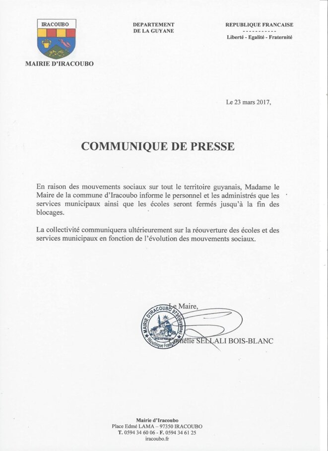 Communiqué de presse de la mairie dIRACOUBO.