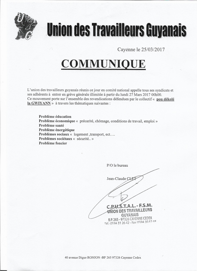 le communiqué du Comité National de l'UTG appelant à la Grève Générale illimitée lundi 27 mars à 00h00. le communiqué du Comité National de l'UTG appelant à la Grève Générale illimitée lundi 27 mars à 00h00.