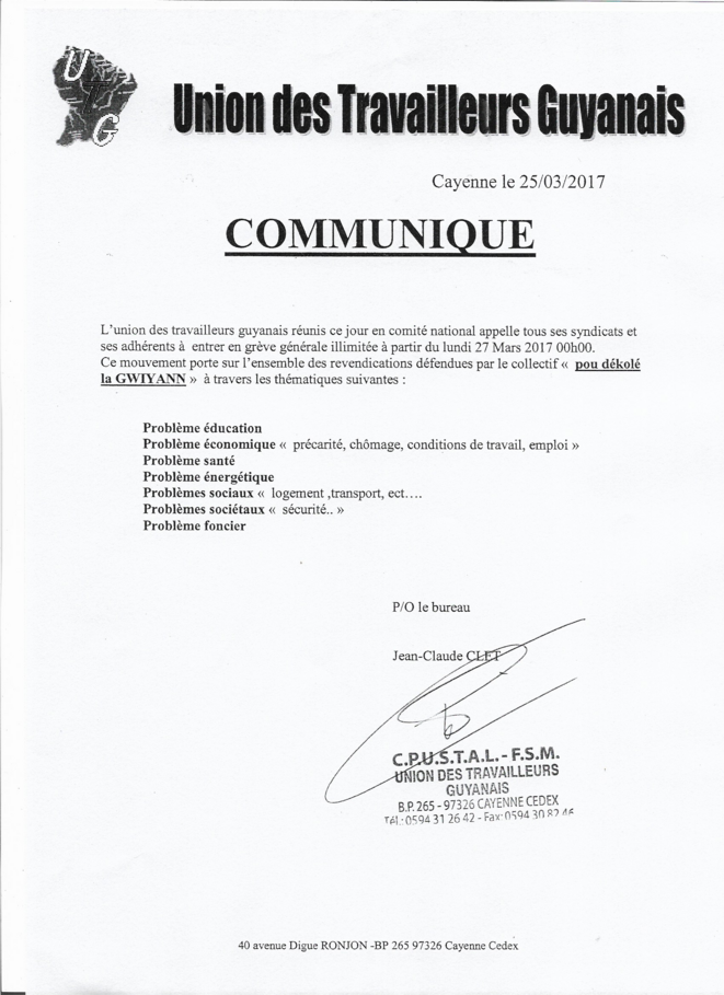 le communiqué du Comité National de l'UTG appelant à la Grève Générale illimitée lundi 27 mars à 00h00.