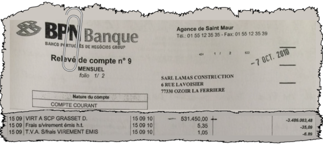 Extrait du relevé bancaire prouvant l'envoi par la société Lamas de l'argent au notaire du maire d'Ozoir, la SCP Grasset © DR Extrait du relevé bancaire prouvant l'envoi par la société Lamas de l'argent au notaire du maire d'Ozoir, la SCP Grasset © DR