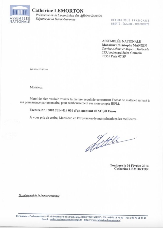 Le courrier de Catherine Lemorton au trésorier de l'Assemblée nationale pour se faire rembourser sur son compte IRFM l'ordinateur destiné à sa fille. © DR Le courrier de Catherine Lemorton au trésorier de l'Assemblée nationale pour se faire rembourser sur son compte IRFM l'ordinateur destiné à sa fille. © DR