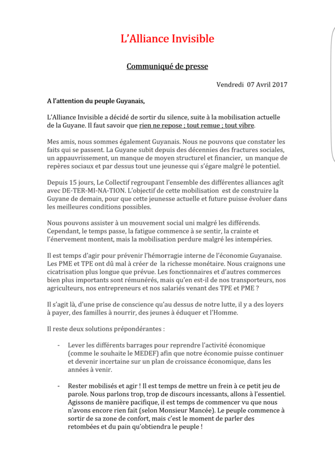 Guyane, après 15 jours de lutte, le communiqué de L'Alliance Invisible