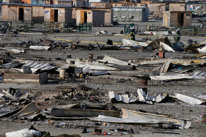 Razed to the ground: the camp at Grande-Synthe following the April 10th overnight blaze. © Reuters Razed to the ground: the camp at Grande-Synthe following the April 10th overnight blaze. © Reuters