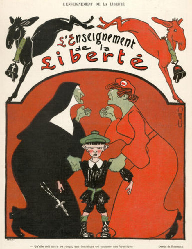 Dessin de Roubille intitulé "L'enseignement de la liberté" paru dans Le Rire, no. 60, 26 mars 1904. © Source: http://www.caricaturesetcaricature.com/article-5223814.html Dessin de Roubille intitulé "L'enseignement de la liberté" paru dans Le Rire, no. 60, 26 mars 1904. © Source: http://www.caricaturesetcaricature.com/article-5223814.html