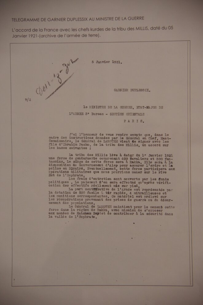 Le document historique signé entre les autorités françaises à Raqqa et la tribu kurde des Millis en 1921