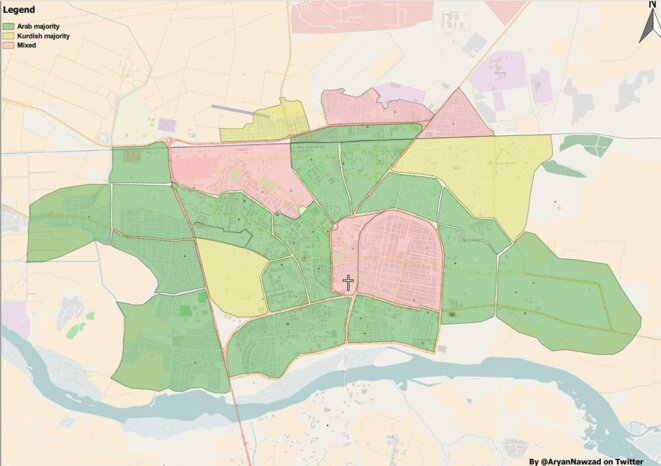 répartition ethnique dans la ville de Raqqa d'après @Aryannawzad, jaune:à majorité kurde, rouge: quartier mixte, vert: quartier à majorité arabe