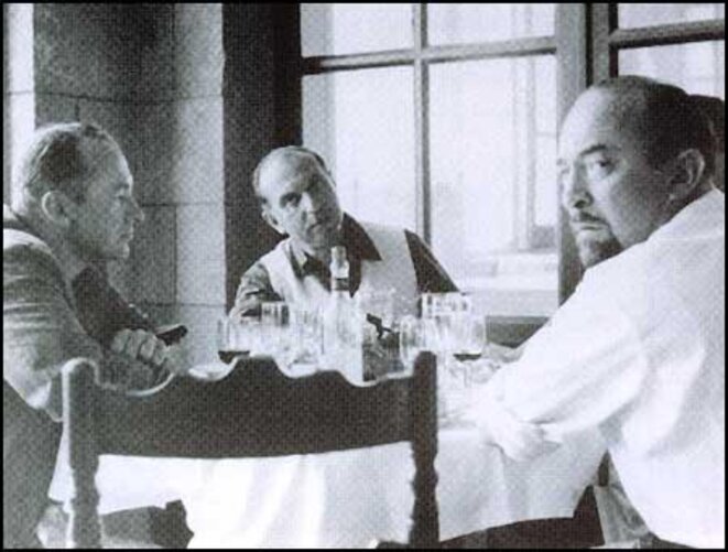 CIA Agent and Head of the CCF Michael Josselson (centre) in a working lunch in Paris with John Clinton Hunt (left) and Melvin Lasky. (DR) CIA Agent and Head of the CCF Michael Josselson (centre) in a working lunch in Paris with John Clinton Hunt (left) and Melvin Lasky. (DR)