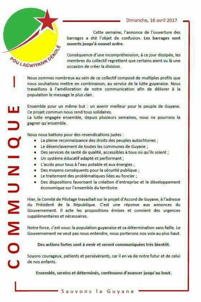 Communiqué du dimanche 17 avril. Communiqué du dimanche 17 avril.