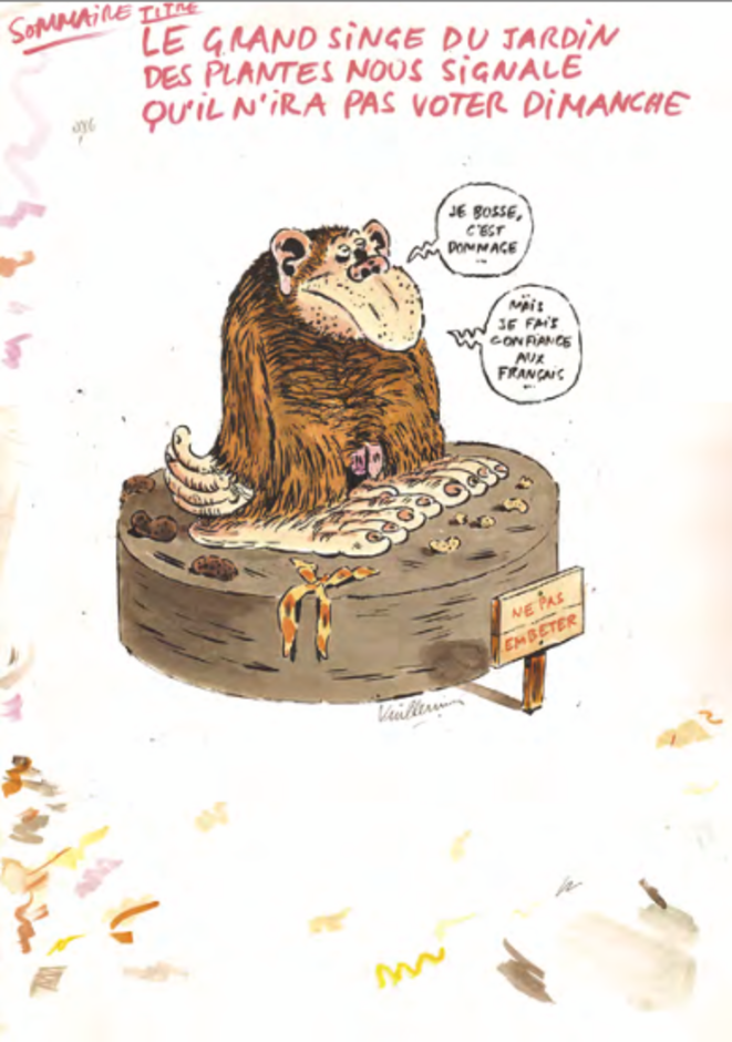 Dessin de Philippe Vuillemin (né en 1958). Le primate : « Je bosse, c'est dommage... Mais je fais confiance aux Français. » Dessin de Philippe Vuillemin (né en 1958). Le primate : « Je bosse, c'est dommage... Mais je fais confiance aux Français. »