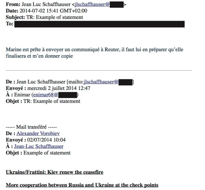 Extrait de l'email de Jean-Luc Schaffhauser à Marine Le Pen. © Document Mediapart Extrait de l'email de Jean-Luc Schaffhauser à Marine Le Pen. © Document Mediapart