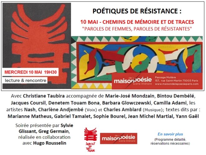 POÉTIQUES DE RÉSISTANCE : mercredi 10 mai Paris, Maison de la Poésie 19h30