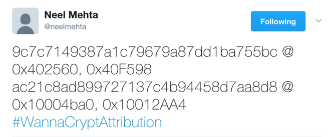 Elements d'attribution du ransomware WannaCrypt © Neel Mehta Elements d'attribution du ransomware WannaCrypt © Neel Mehta