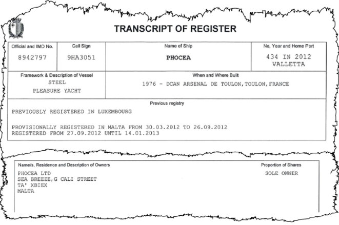 La fiche du « Phocéa » au registre maritime de Malte. Ce document confirme que le « seul propriétaire » du navire est bien la société maltaise Phocea Limited. © Mediapart La fiche du « Phocéa » au registre maritime de Malte. Ce document confirme que le « seul propriétaire » du navire est bien la société maltaise Phocea Limited. © Mediapart