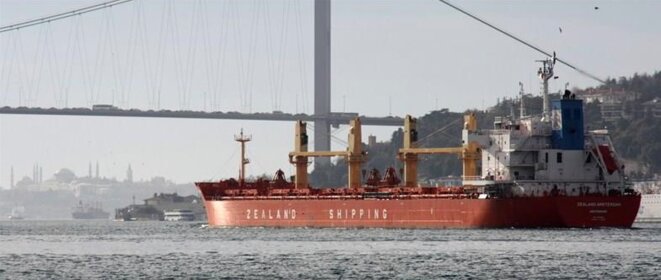 Le « MV Zealand Amsterdam », acheté neuf via les Pays-Bas par le clan Yildirim pour environ 33 millions d'euros, sur le Bosphore à Istanbul. © D.R.
