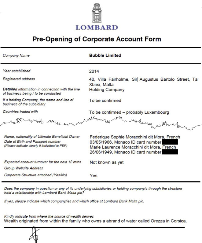 Le formulaire d'ouverture de compte bancaire de Bubble Limited prouve que Marie-Laurence Moracchini et sa fille sont bien les "ultimate beneficial owners", c'est à dire les propriétaires, de cette société maltaise. © EIC Le formulaire d'ouverture de compte bancaire de Bubble Limited prouve que Marie-Laurence Moracchini et sa fille sont bien les "ultimate beneficial owners", c'est à dire les propriétaires, de cette société maltaise. © EIC