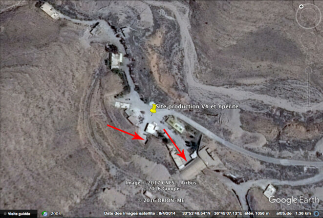 Site souterrain de production de VX et d'ypérite, près d’Al-Nabk. Les flèches indiquent l'entrée des souterrains. © DR Site souterrain de production de VX et d'ypérite, près d’Al-Nabk. Les flèches indiquent l'entrée des souterrains. © DR