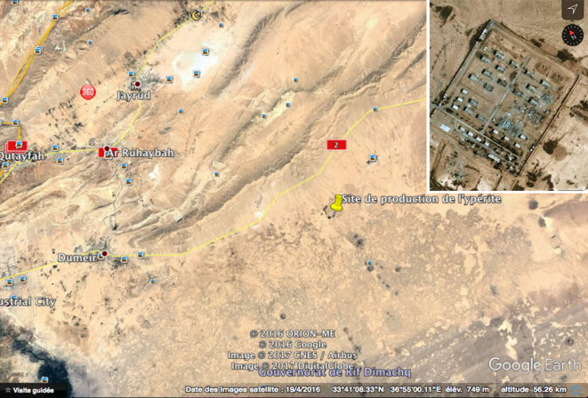 Ci-dessus et ci-dessous, deux sites de production de l'Ypérite. En vignette, gros plan sur le site partiellement détruit. © DR Ci-dessus et ci-dessous, deux sites de production de l'Ypérite. En vignette, gros plan sur le site partiellement détruit. © DR