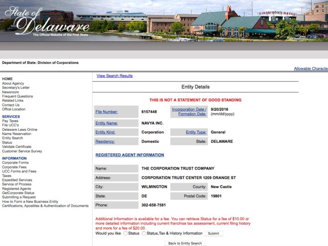 « Navya Inc. » a été déposée au Delaware par une société dont Bonnell préside le conseil de surveillance © DR « Navya Inc. » a été déposée au Delaware par une société dont Bonnell préside le conseil de surveillance © DR