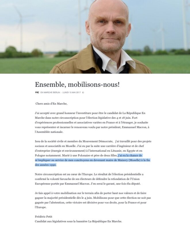 Message de Frédéric Petit sur Facebook, le 16 mai 2017 © DR Message de Frédéric Petit sur Facebook, le 16 mai 2017 © DR