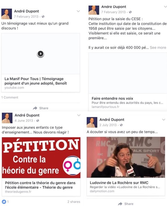 Certains des posts effacés par André Dupont de son compte Facebook © DR Certains des posts effacés par André Dupont de son compte Facebook © DR