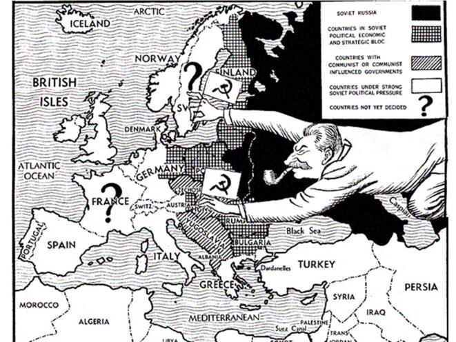 Cette vieille image illustre la prise de contrôle d'une partie de l'Europe par les Soviétiques à la suite de la Conférence de Yalta en février 1945. Cette vieille image illustre la prise de contrôle d'une partie de l'Europe par les Soviétiques à la suite de la Conférence de Yalta en février 1945.