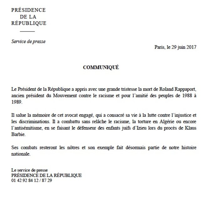 Le communiqué de l'Elysée sur la mort de Me Rappaport Le communiqué de l'Elysée sur la mort de Me Rappaport
