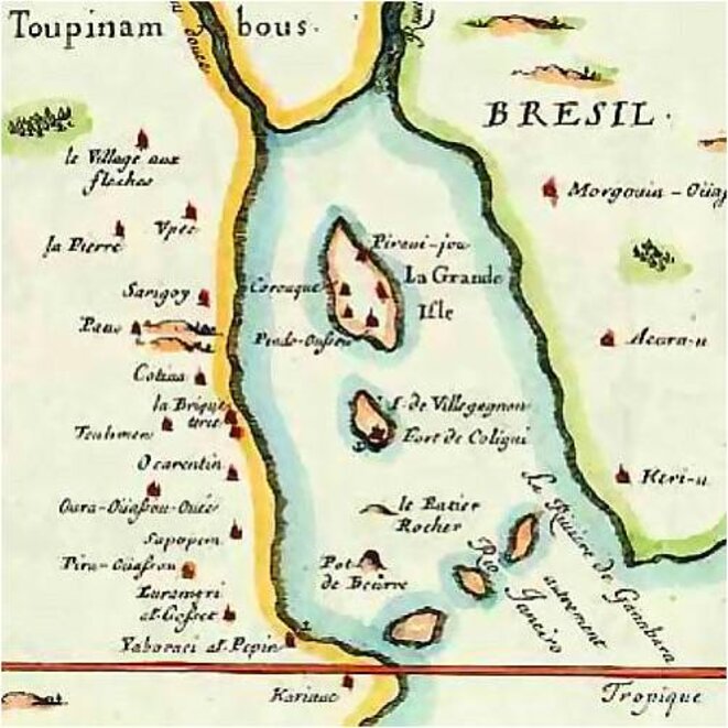 France antarctique, carte française de 1555. Certains toponymes sont en langue tupi France antarctique, carte française de 1555. Certains toponymes sont en langue tupi