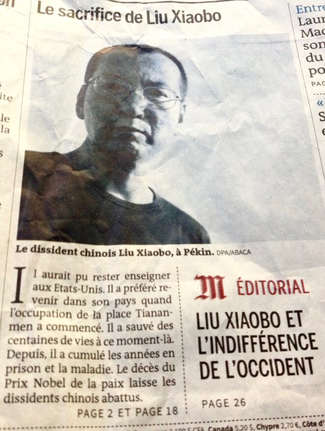 Liu Xiaobo, page 1 du Monde du 15 juillet 2017 © Tieri Briet