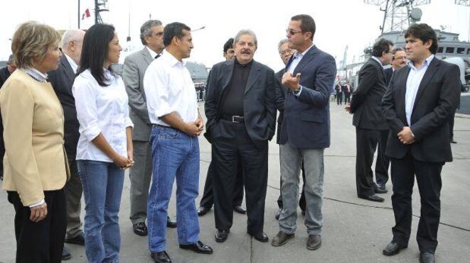 En 2013, lors d'une rencontre entre Humala, Lula et Jorge Barata (lunettes), directeur d'Odebrecht. © DR En 2013, lors d'une rencontre entre Humala, Lula et Jorge Barata (lunettes), directeur d'Odebrecht. © DR