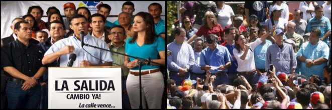 A gauche: Leopoldo Lopez et Maria Corina Machado annonce leur plan La Salida le 23 janvier 2014 | A droite: Lopez, Machado et Ledezma prononce leurs discours qui vont lancer les guarimbas le 12 février A gauche: Leopoldo Lopez et Maria Corina Machado annonce leur plan La Salida le 23 janvier 2014 | A droite: Lopez, Machado et Ledezma prononce leurs discours qui vont lancer les guarimbas le 12 février