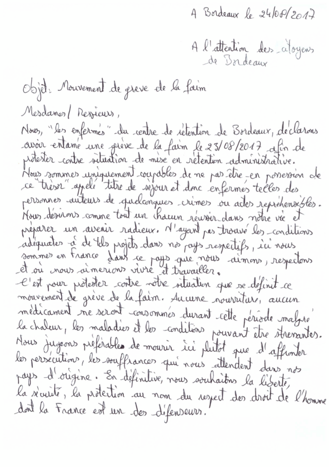 20170825 courrier des personnes enfermées au CRA de Bordeaux © Ces personnes libres enfermées administrativement 20170825 courrier des personnes enfermées au CRA de Bordeaux © Ces personnes libres enfermées administrativement