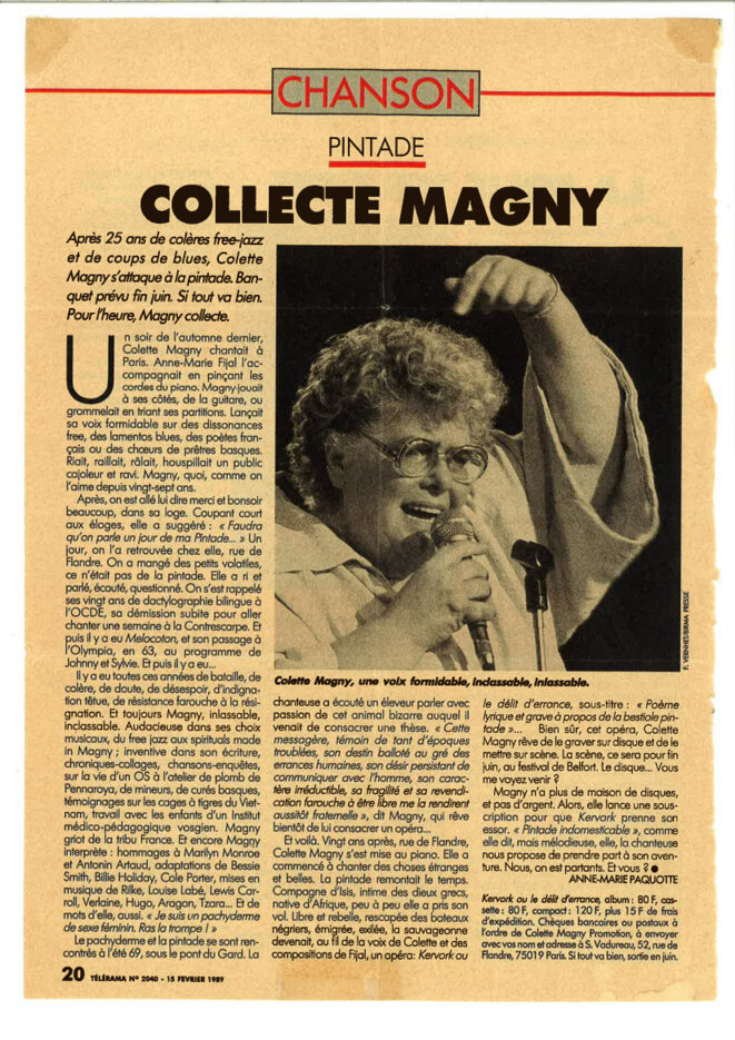 "Collecte Magny" extrait du Télérama n2040 - 15 février 1989 © Anne-Marie Paquotte "Collecte Magny" extrait du Télérama n2040 - 15 février 1989 © Anne-Marie Paquotte