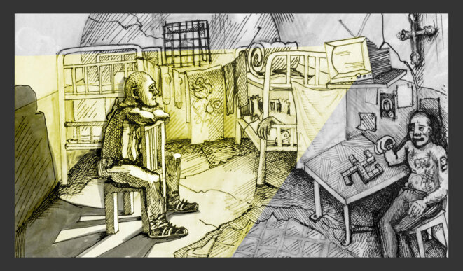 De sa cellule de prison, Zheleznov a été inspiré par les images de la Révolution de Maidan et a cru que l’Ukraine pourrait devenir une plate-forme pour défier le Kremlin. Illustration Codastory / Aleksandra Krasutskaya. De sa cellule de prison, Zheleznov a été inspiré par les images de la Révolution de Maidan et a cru que l’Ukraine pourrait devenir une plate-forme pour défier le Kremlin. Illustration Codastory / Aleksandra Krasutskaya.