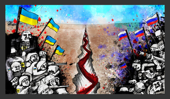 Les ultranationalistes russes des deux côtés de la ligne de front en Ukraine considèrent la guerre comme un jalon sur la route vers le pouvoir ultime. Illustration Codastory / Aleksandra Krasutskaya. Les ultranationalistes russes des deux côtés de la ligne de front en Ukraine considèrent la guerre comme un jalon sur la route vers le pouvoir ultime. Illustration Codastory / Aleksandra Krasutskaya.