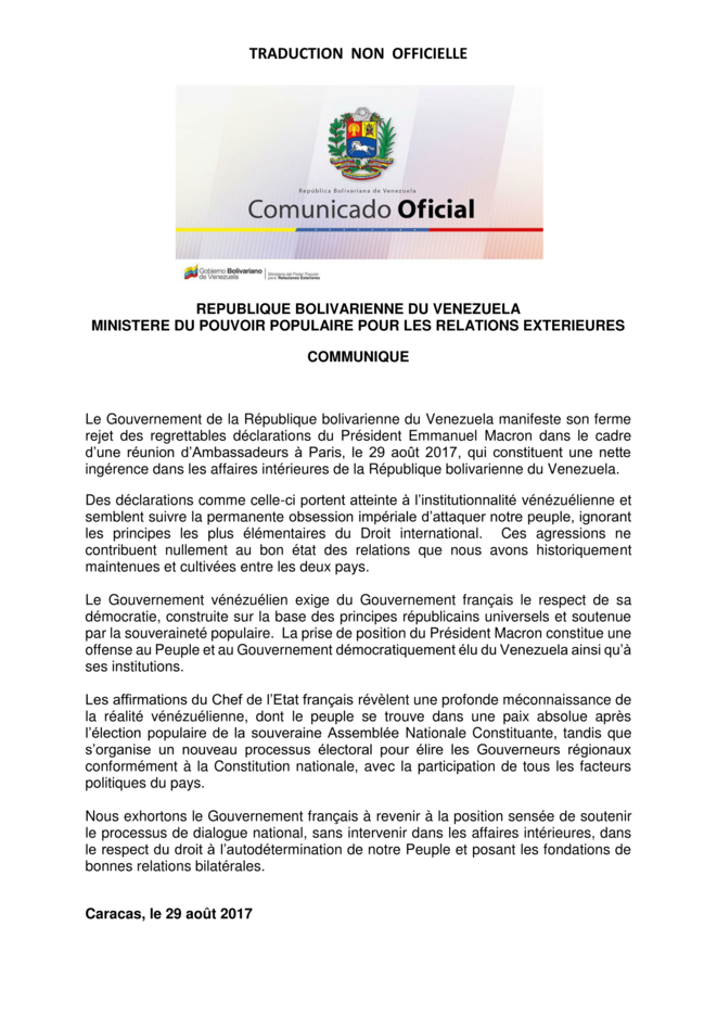 Communiqué du Ministère du pouvoir populaire pour les relations extérieures Communiqué du Ministère du pouvoir populaire pour les relations extérieures