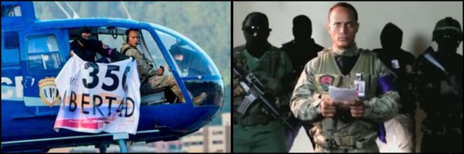 A gauche, l'hélicoptère durant l'attaque du 27 juin | A droite, Oscar Pérez et ses sbires qui déclarent publiquement leurs intentions A gauche, l'hélicoptère durant l'attaque du 27 juin | A droite, Oscar Pérez et ses sbires qui déclarent publiquement leurs intentions